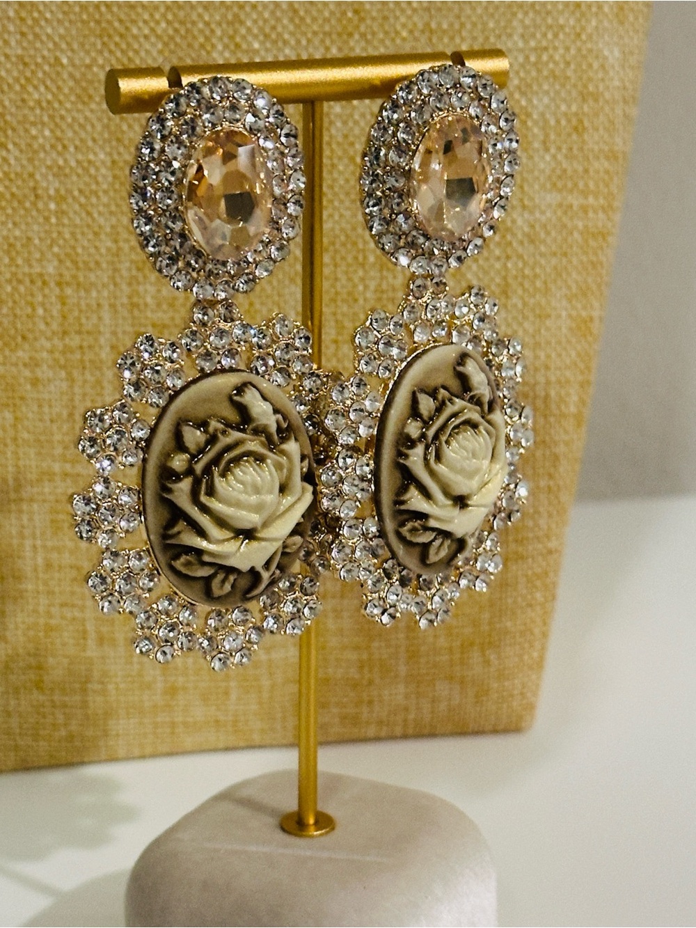 Fashion Jewelry Gold-Tone Cream Rose Cameo Crystal Drop Earrings